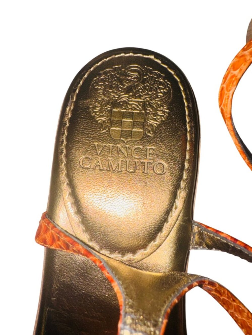 Vince Camuto Orange Snake-Embossed Flat Sandal Women 9 Gold Leather Flower Accen - Picture 6 of 11